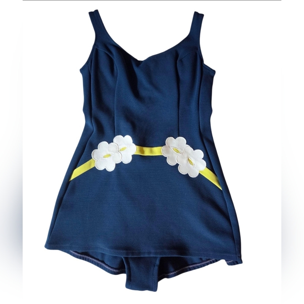 Oleg Cassini Navy Blue One Piece Swimsuit with White and Yellow Accents
